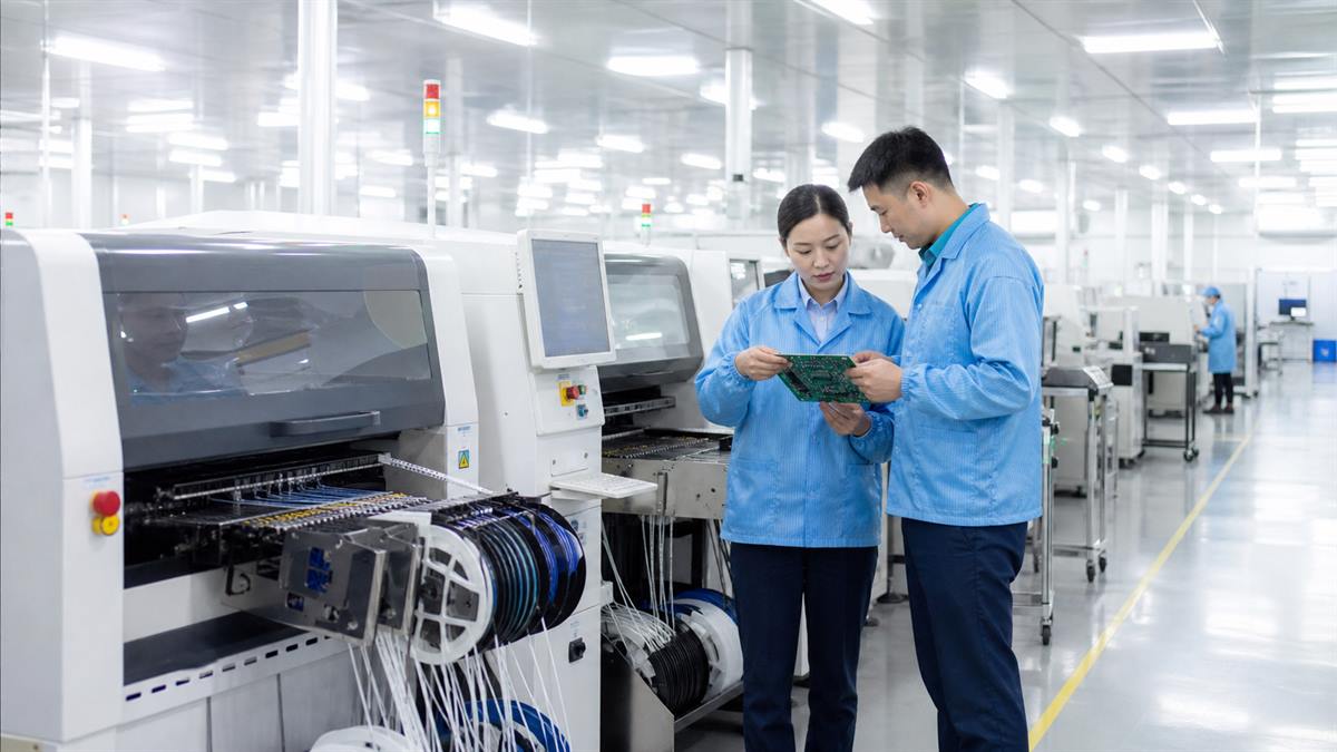 EBest PCBA production specialists reviewing a PCB assembly beside SMT equipment