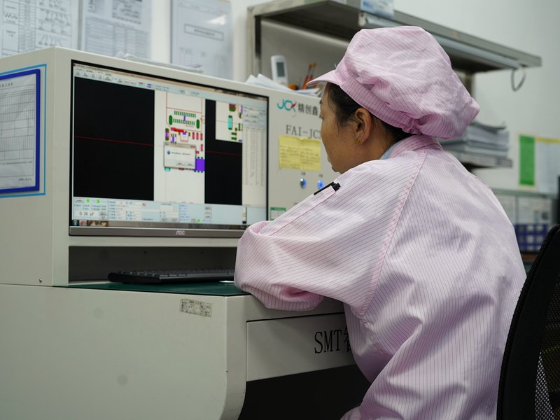Operator using JCX first-article verification equipment for SMT inspection