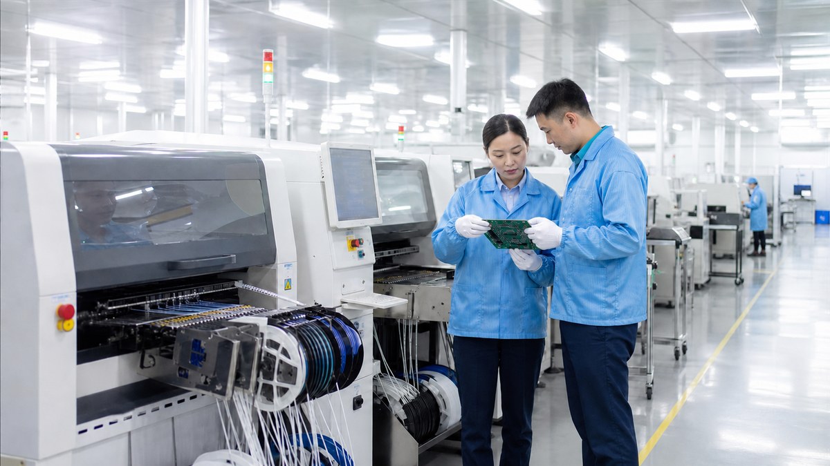 PCBA production engineers inspecting an assembled circuit board beside an SMT placement line