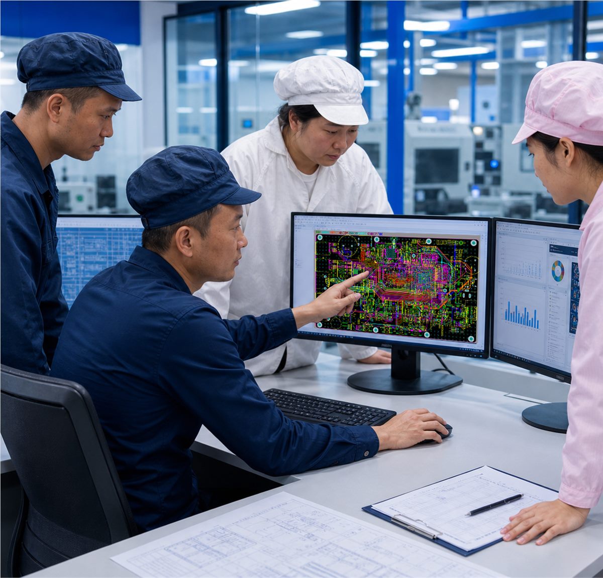 Engineering team reviewing PCB layout and inspection planning requirements