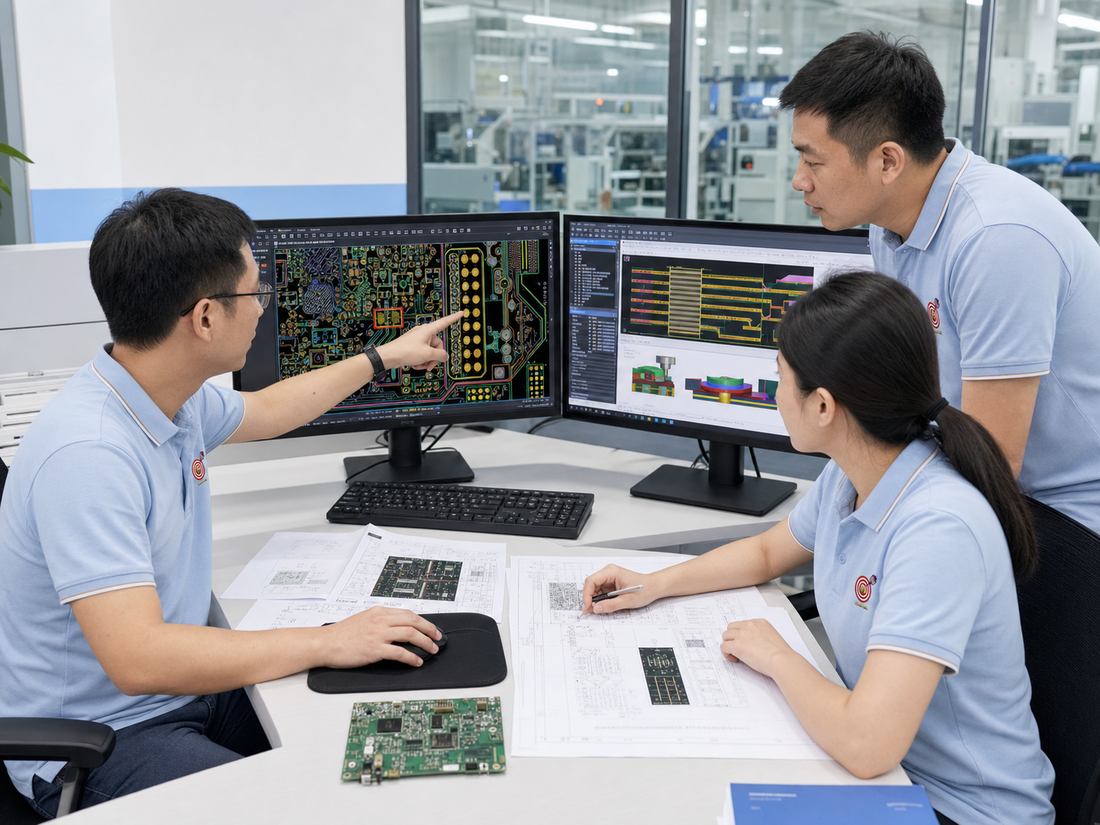EBest PCBA DFM engineers in company workwear reviewing PCB layout and stack-up risks