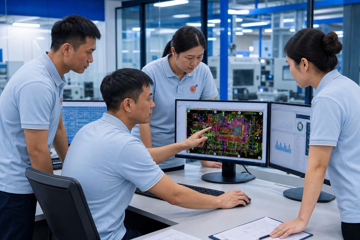 EBest PCBA engineering team in company workwear reviewing PCB layout and DFM risks