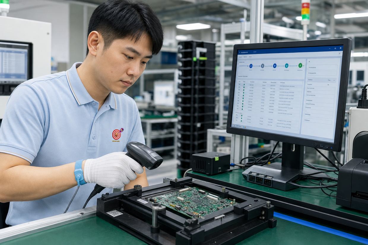 EBest PCBA quality engineer scanning a PCBA into the MES traceability system