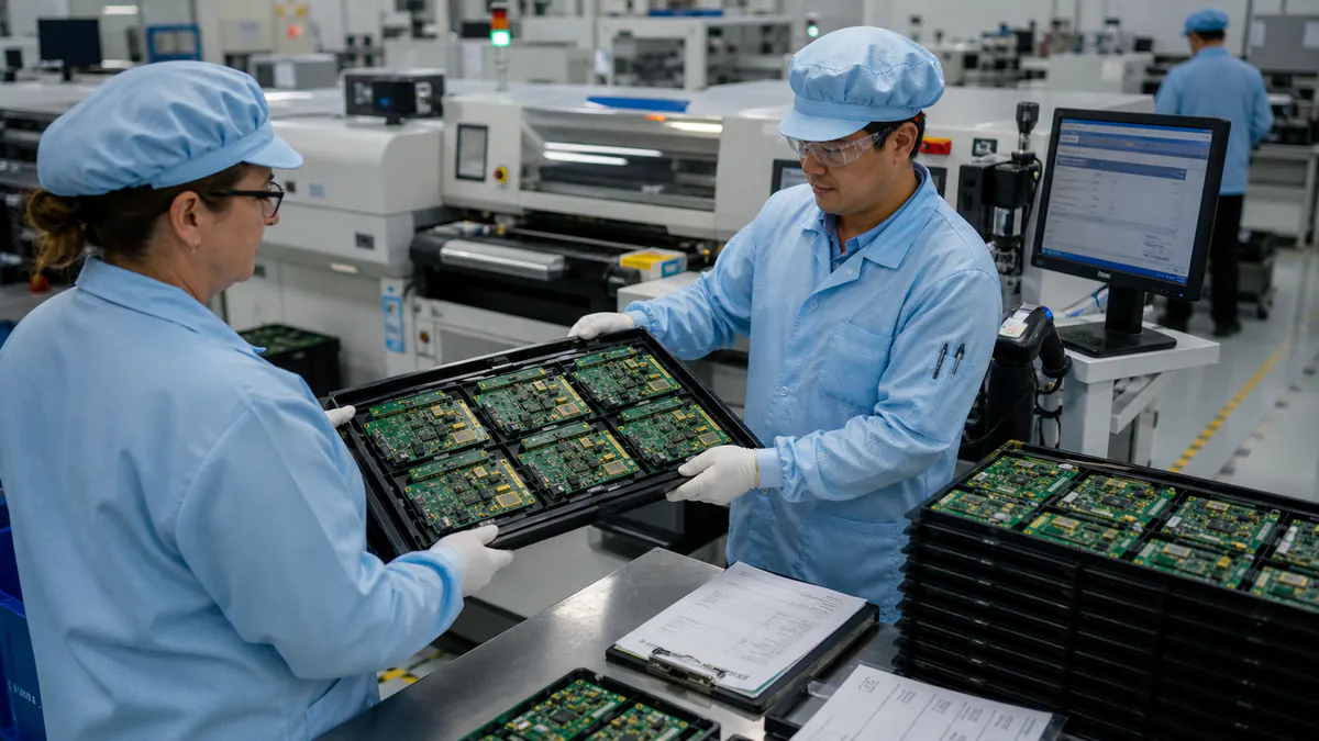 Controlled trays of avionics PCB assemblies handled at a production checkpoint