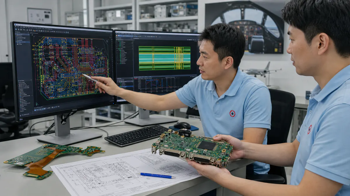 EBest PCBA engineers reviewing an avionics control PCB layout and physical assembly