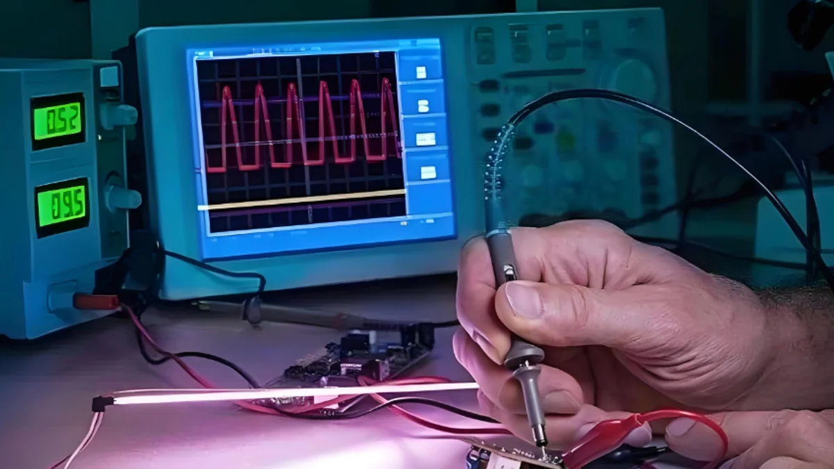 Aerospace electronics PCBA signal test performed with an oscilloscope probe