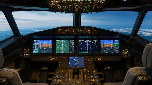 Aircraft cockpit representing avionics and flight control electronics