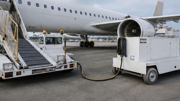 Ground support equipment beside an aircraft