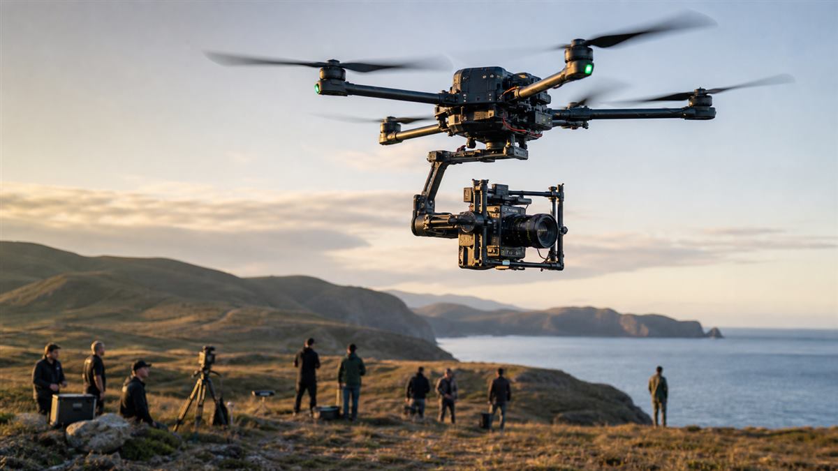 Professional aerial imaging drone in flight
