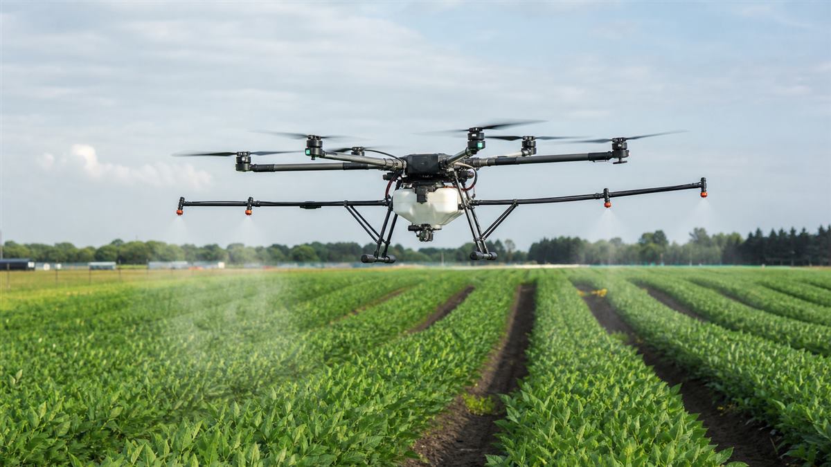 Agricultural drone flying over crop fields