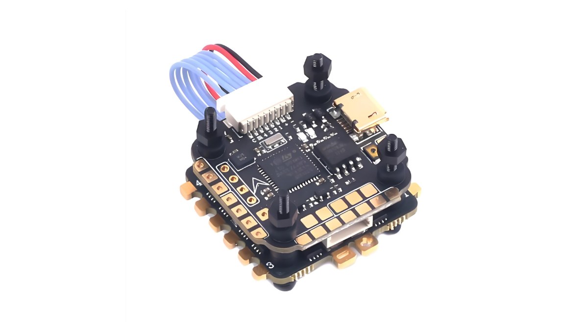Stacked UAV flight-controller PCBA with integrated connectors