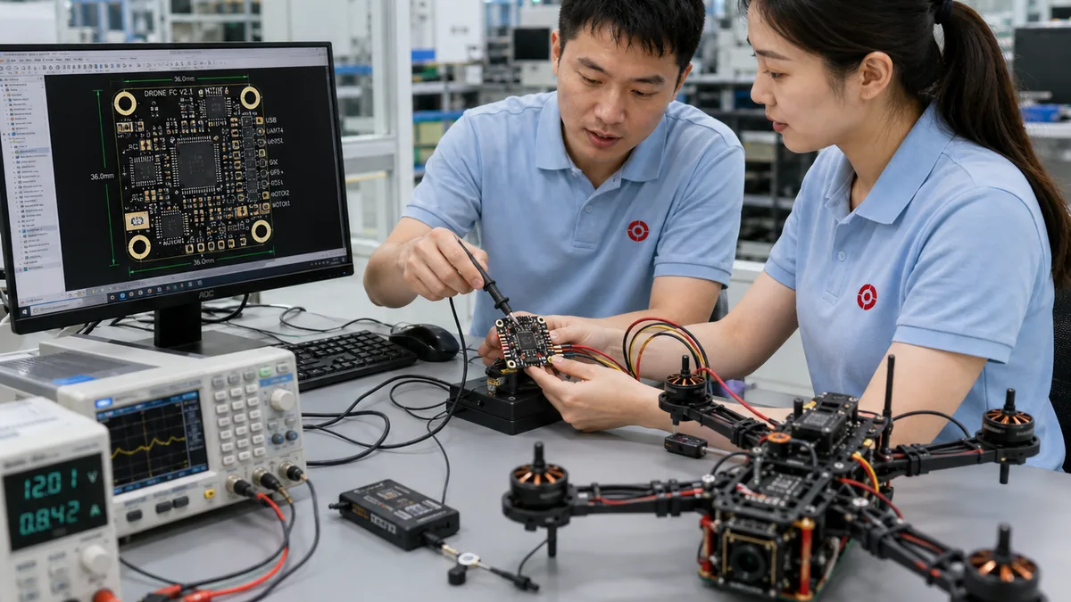 EBest PCBA engineers performing functional inspection on a UAV flight-control PCBA