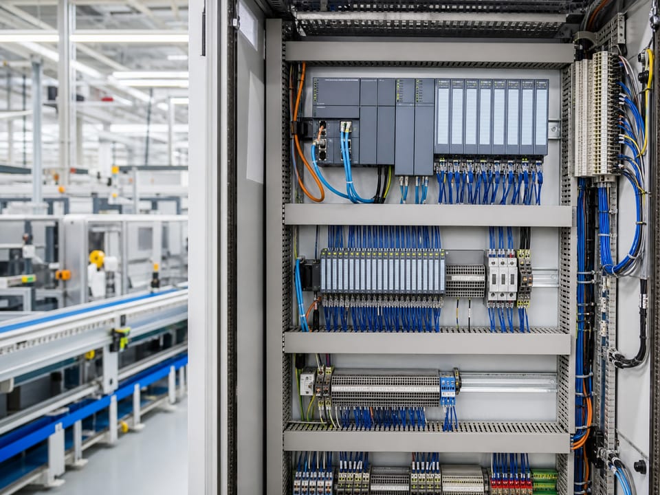 PLC and distributed I/O control cabinet in an automated factory