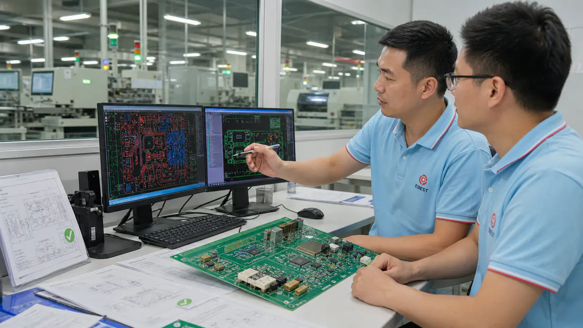 EBest PCBA engineers reviewing a medical electronics PCB layout and physical control board