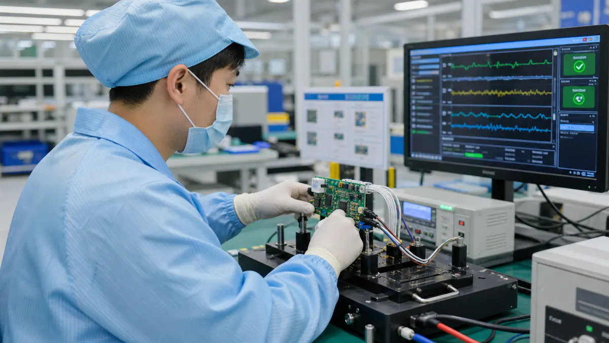 Medical electronics control PCBA connected to a functional test fixture