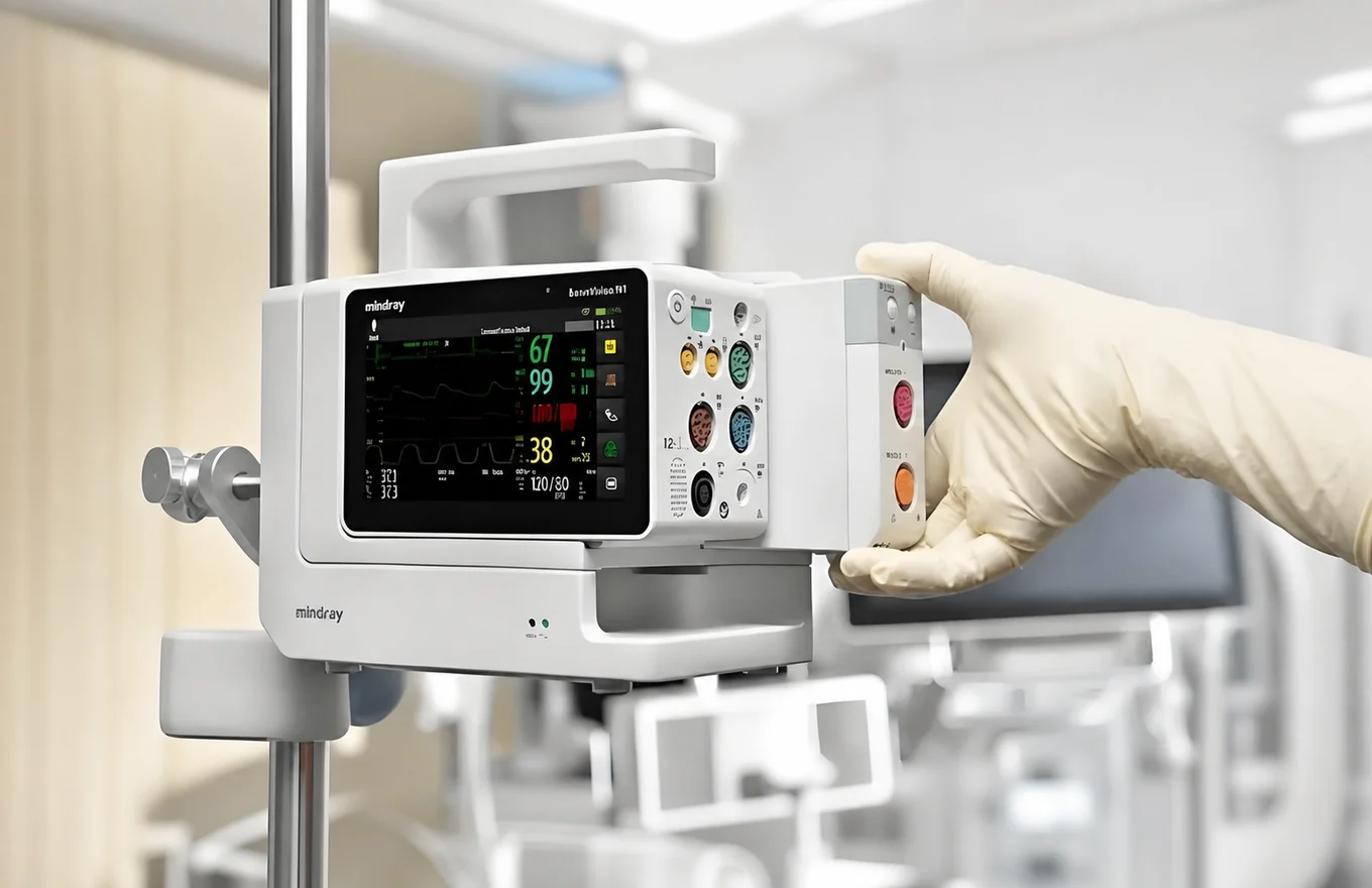 Clinical patient monitor operated by a gloved medical professional