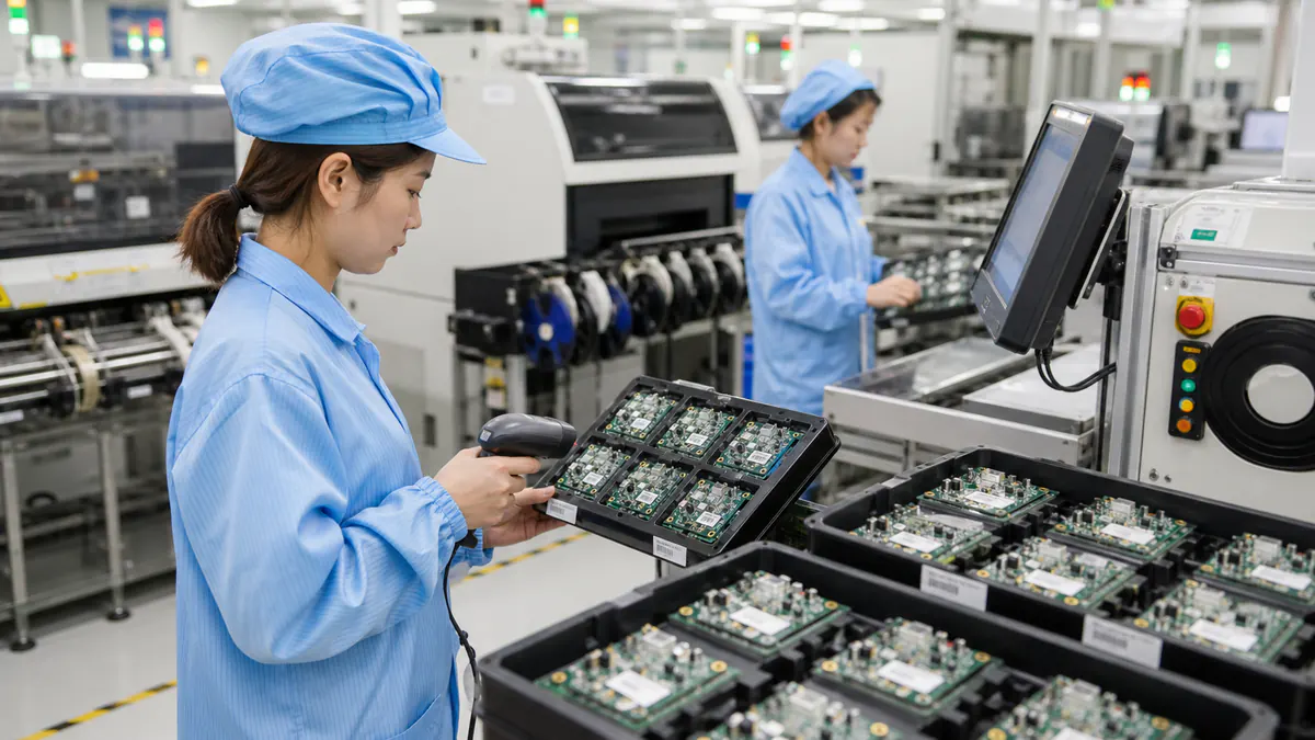 Medical electronics PCBAs scanned for lot traceability during controlled production