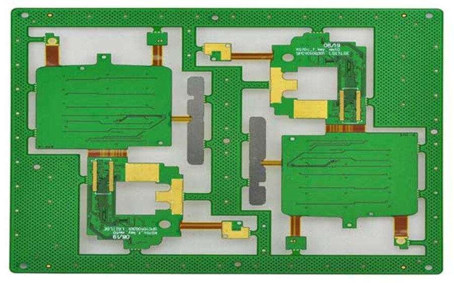 Representative panelized rigid-flex PCB architecture with rigid islands and flexible links