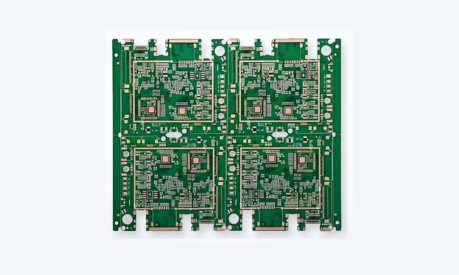 Physical HDI PCB production panel with repeated dense circuit modules
