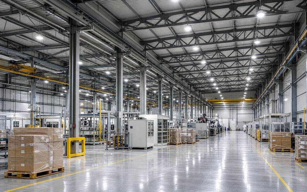 Professional high-bay LED lighting in a modern industrial facility