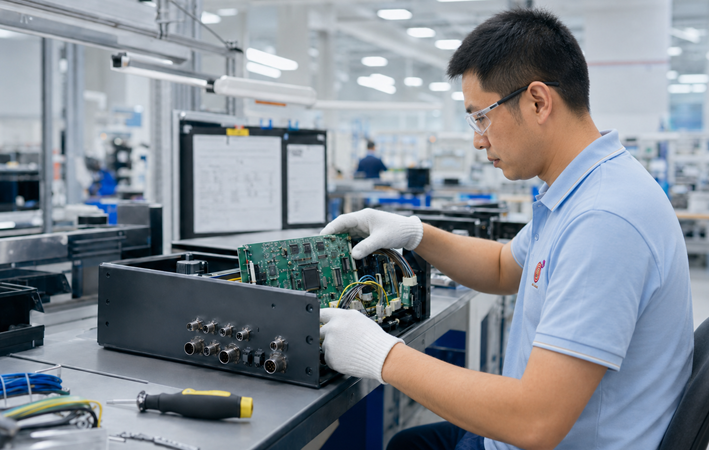 Engineer integrating a PCBA and cable harness into an industrial electronic enclosure