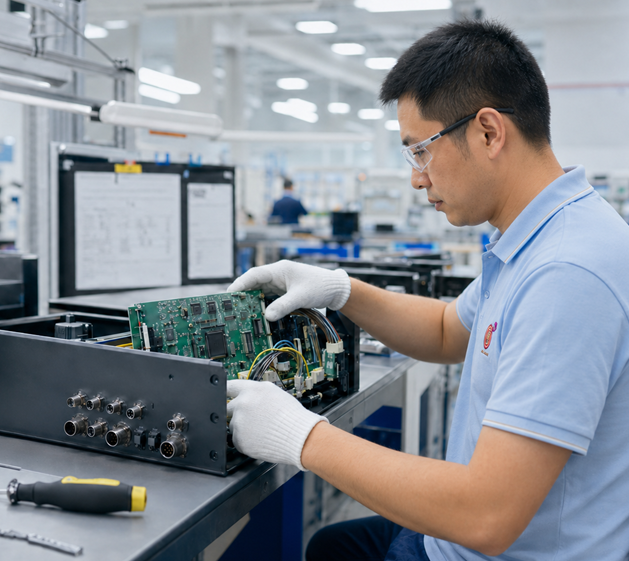 Technician integrating a PCBA into an electronic enclosure