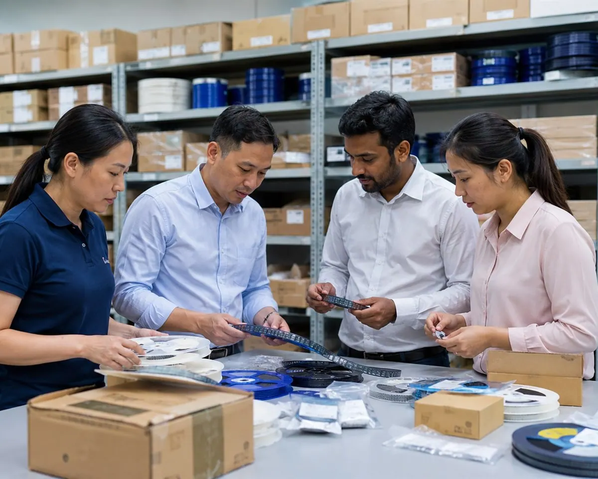 Component team reviewing electronic component reels and packages