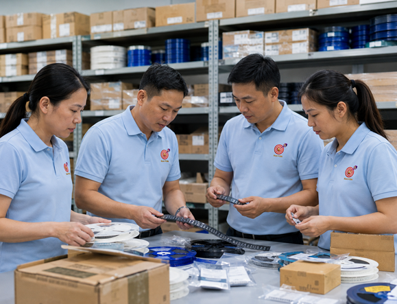 Component sourcing team reviewing electronic component reels in the warehouse before purchase release