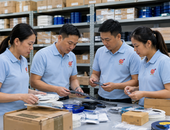 Component sourcing and quality team reviewing packaged electronic components