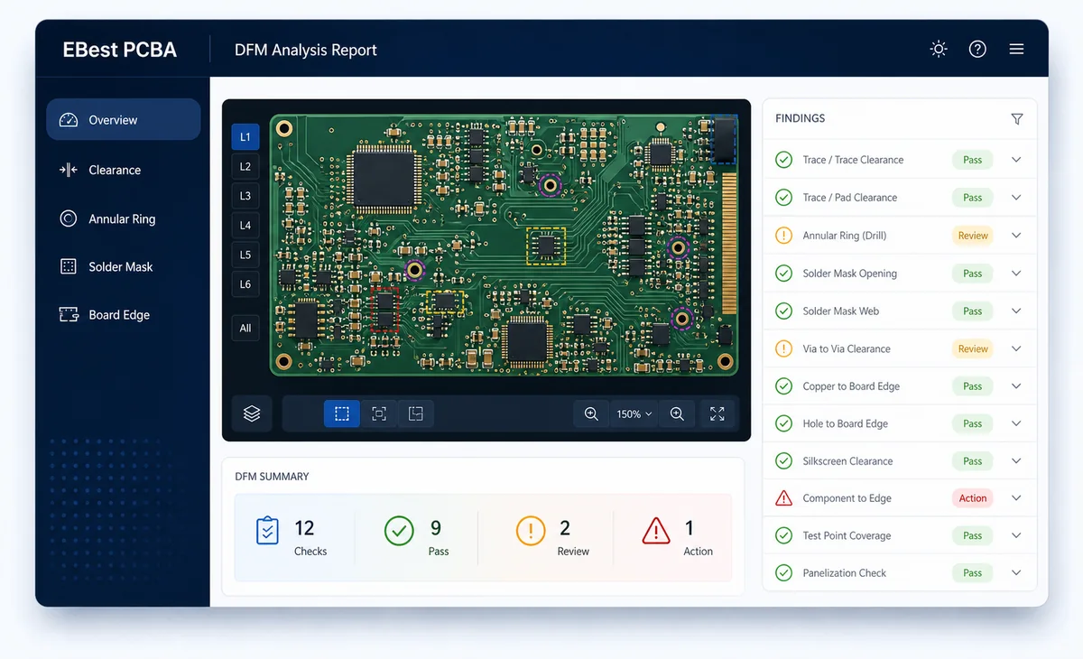 DFM analysis interface showing PCB manufacturability rule checks