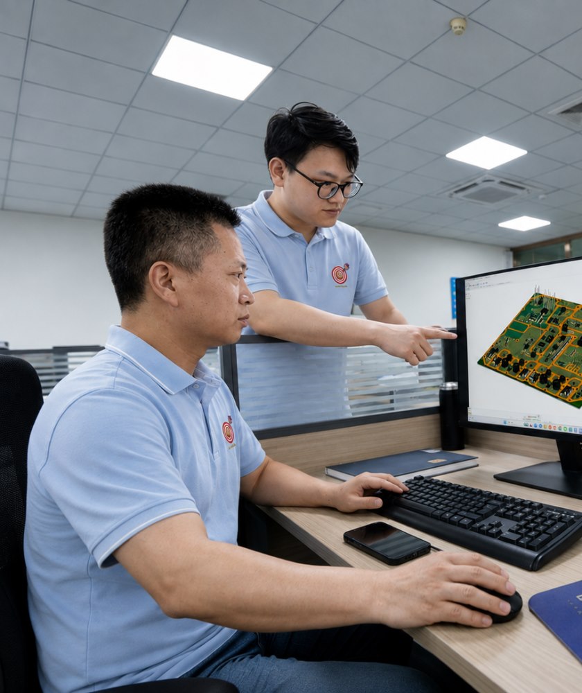 EBest PCBA engineers reviewing PCB design files before production