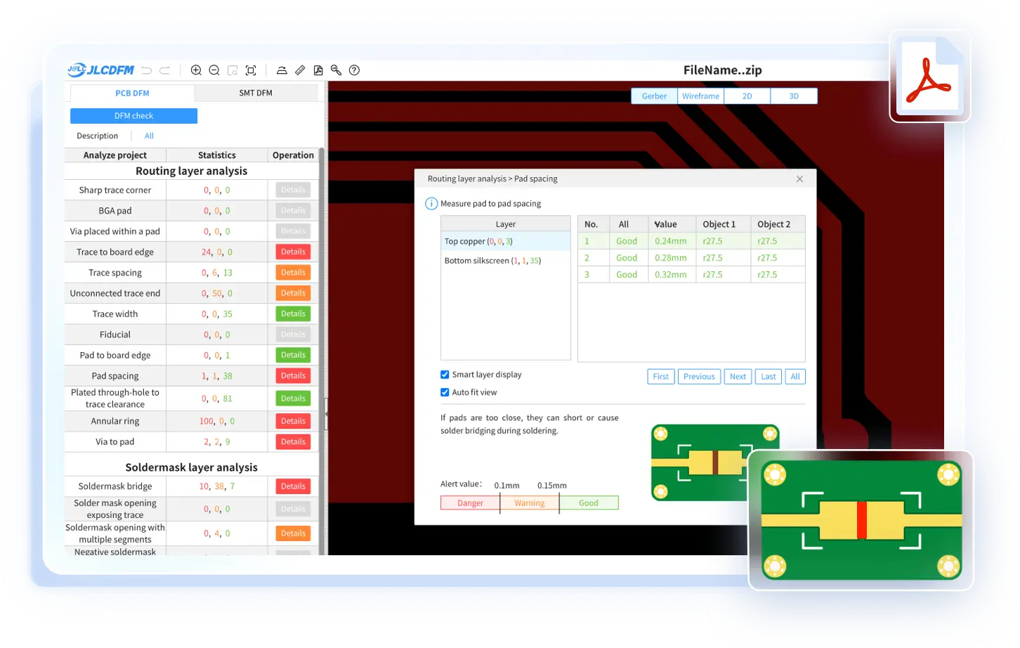 DFM analysis tool showing PCB manufacturability findings