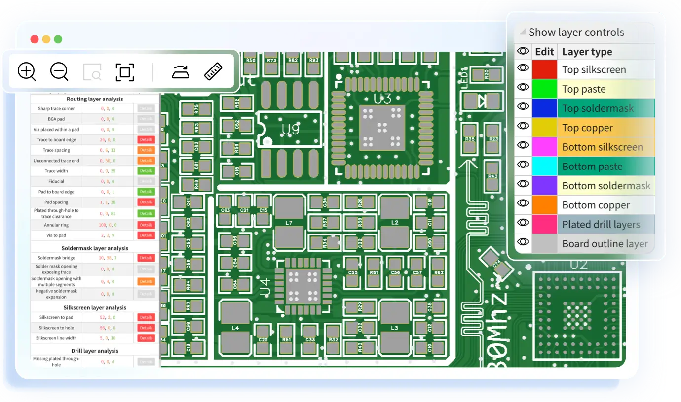 DFM software review interface checking PCB layout and manufacturability rules before release