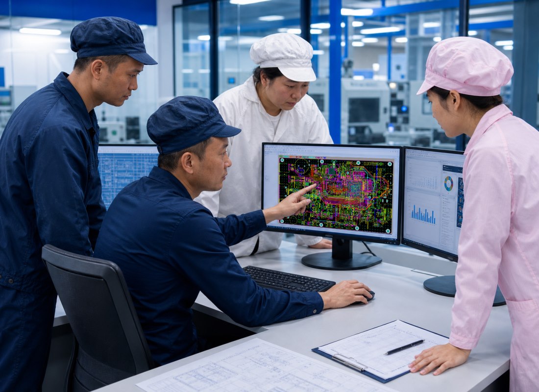 Cross-functional engineering team reviewing PCB layout and manufacturing data