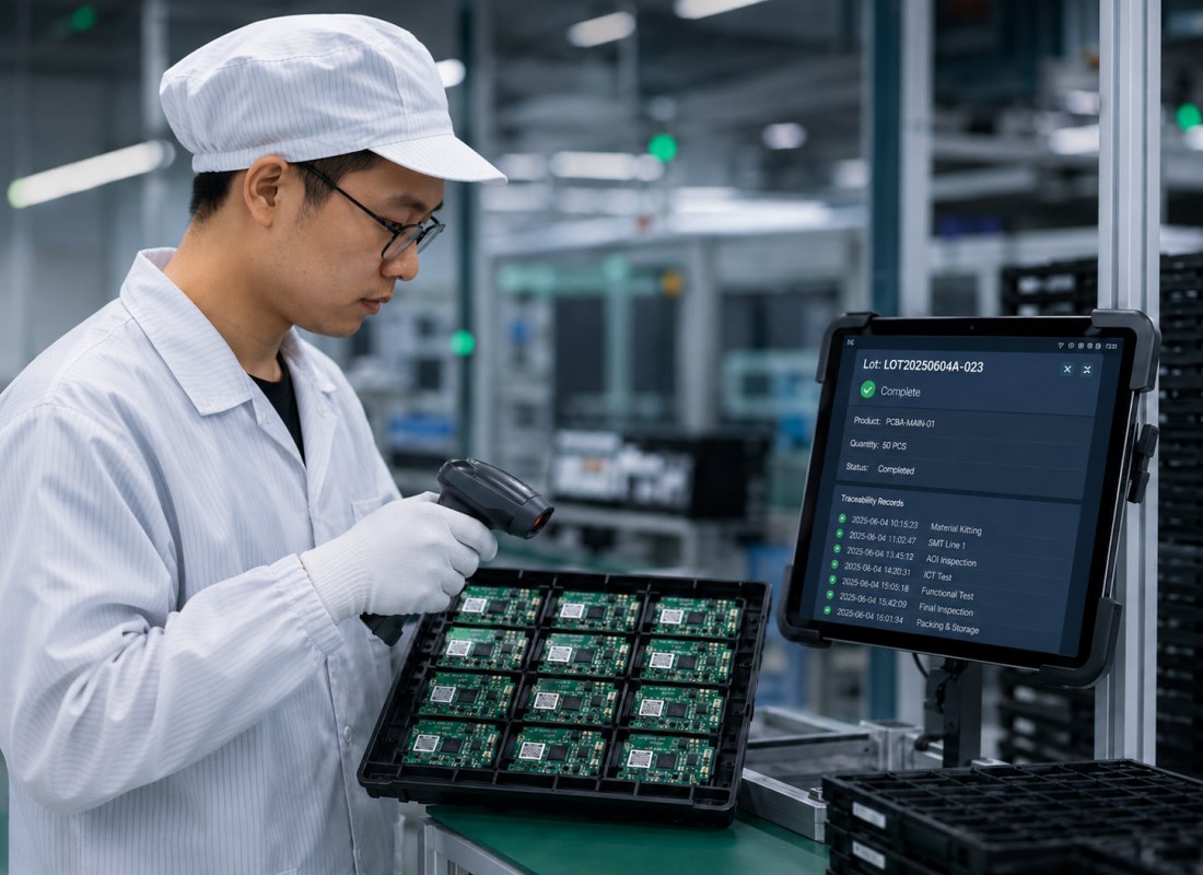 Operator scanning PCB assemblies with traceability records displayed