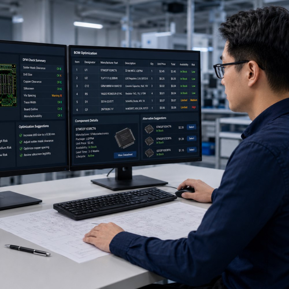 Engineer reviewing DFM findings and BOM optimization for PCB fabrication release