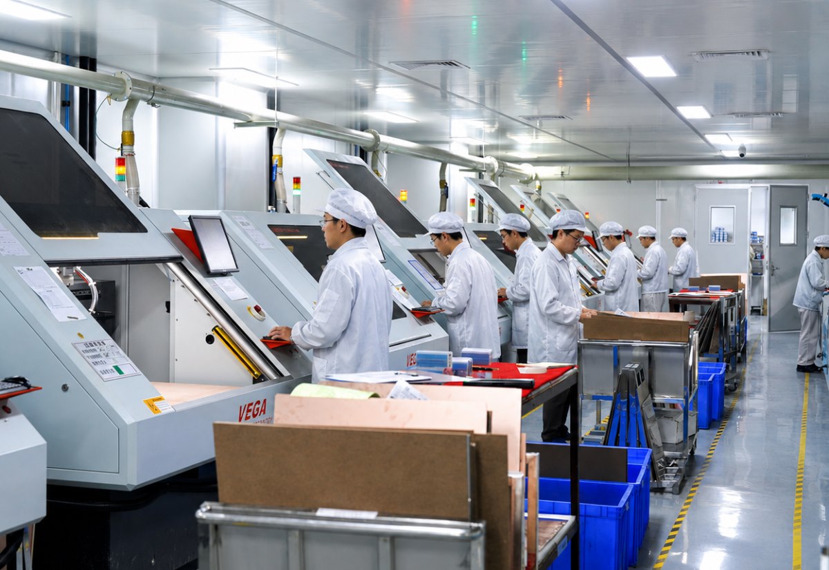 PCB fabrication production line with operators running manufacturing equipment