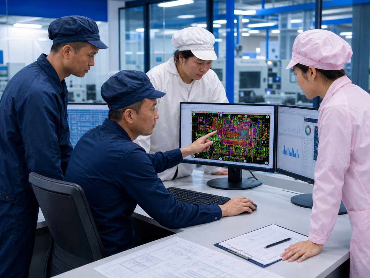 Project engineering team reviewing PCB layout before factory release