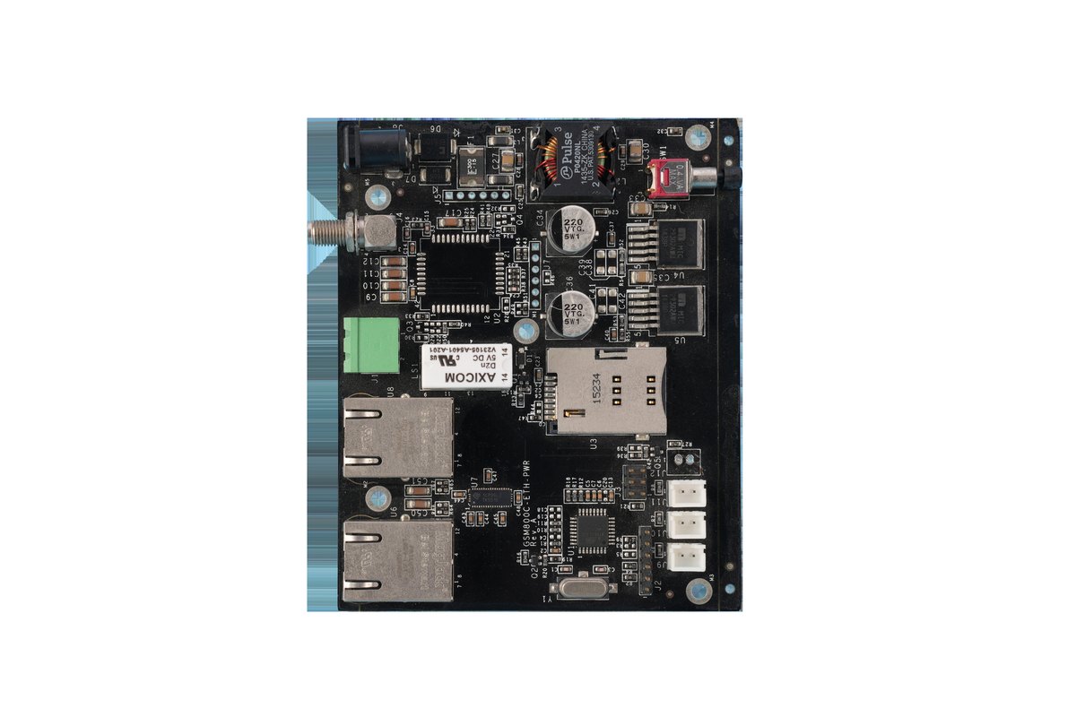 Mixed-technology industrial controller PCBA on a white background