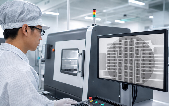 Engineer using X-ray inspection equipment to examine hidden PCBA solder joints
