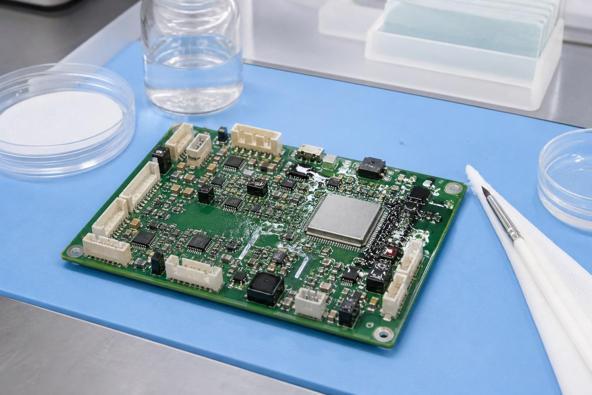 Close-up physical engineering view related to How We Control Cleanliness and Conformal Coating for Medical PCBAs