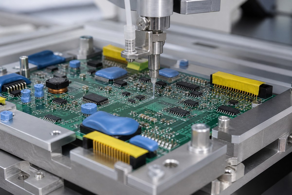 Close-up physical engineering view related to How We Control Conformal Coating for Harsh-Environment PCBAs
