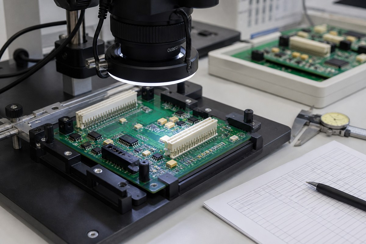 Populated circuit board held in a fixture under a digital inspection microscope