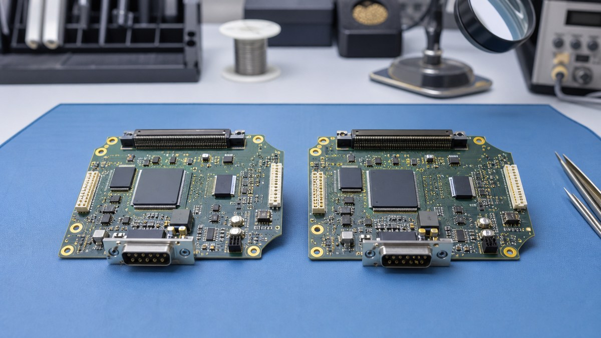 Two populated circuit boards compared on an electronics engineering workbench