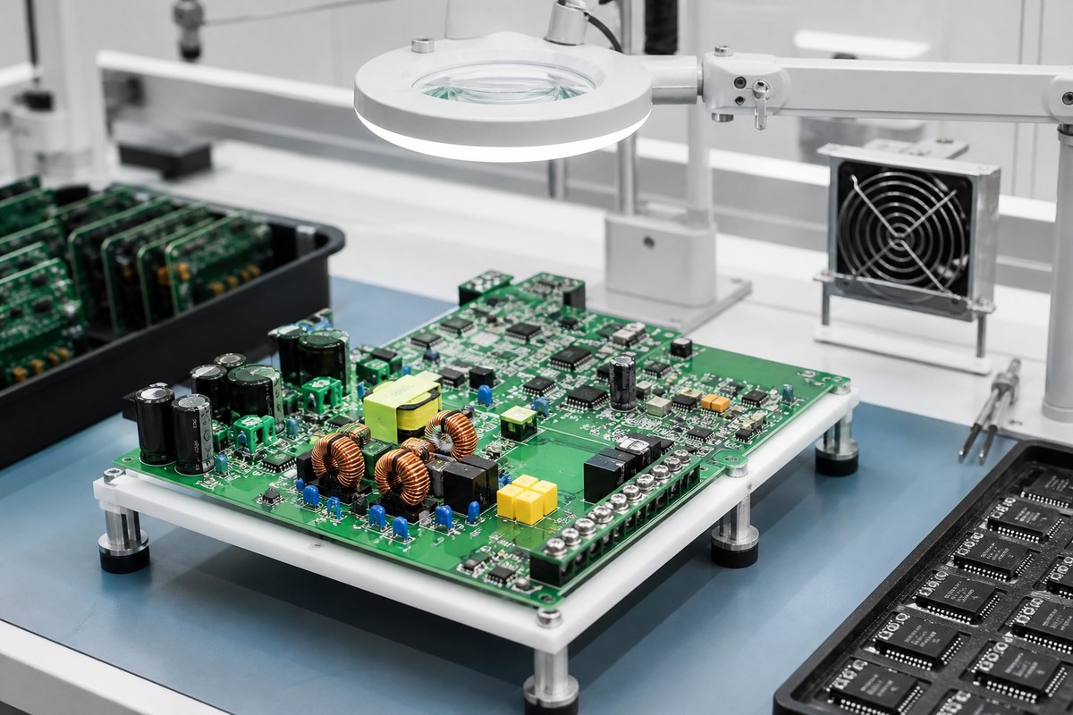 Close-up physical engineering view related to How We Move Power-Electronics PCBAs Into Repeat Production