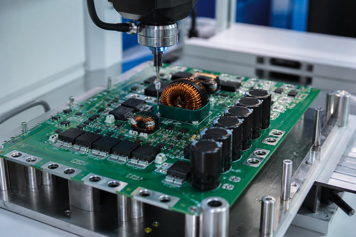 Close-up physical engineering view related to How We Manufacture High-Current Motor-Drive PCBs