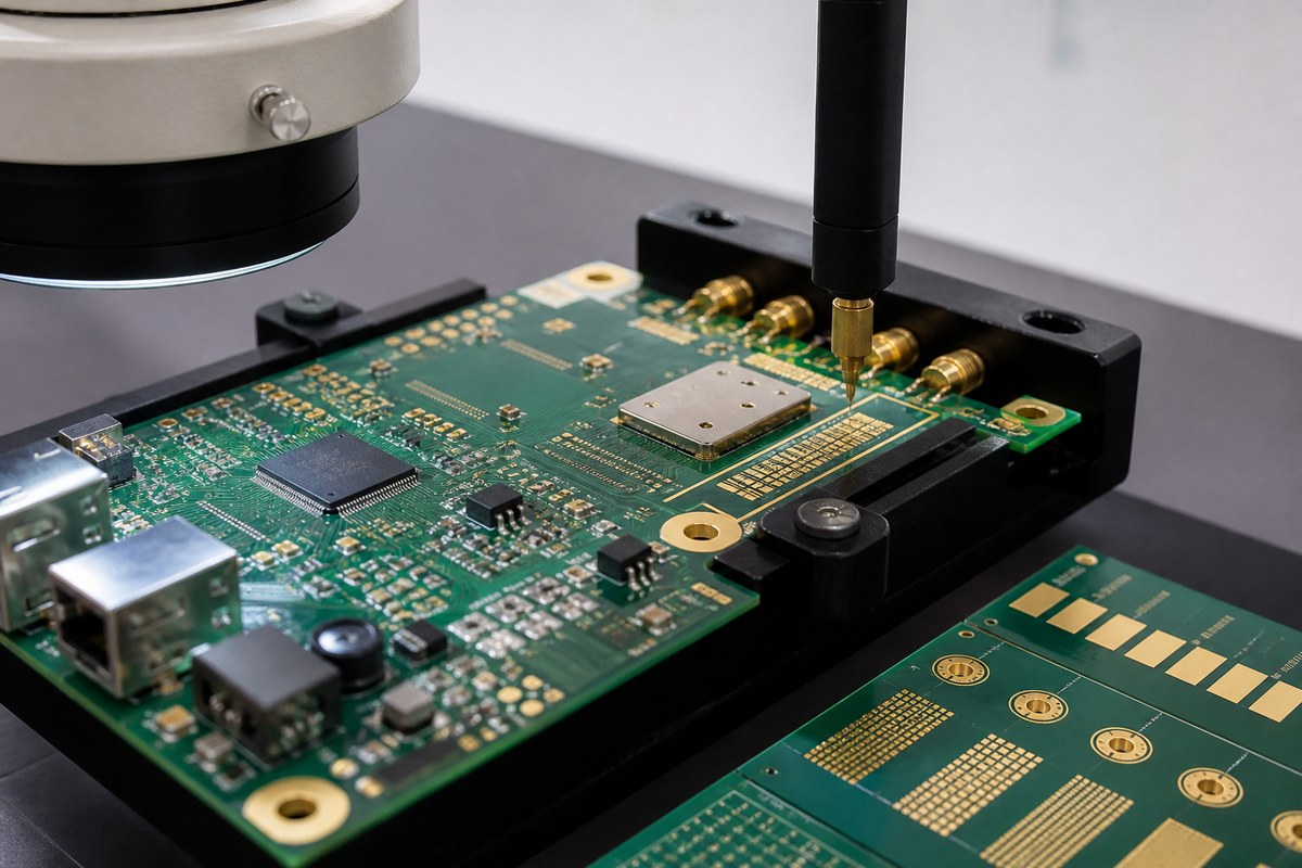 Close-up physical engineering view related to PCB DFM Checklist: What to Review Before Manufacturing