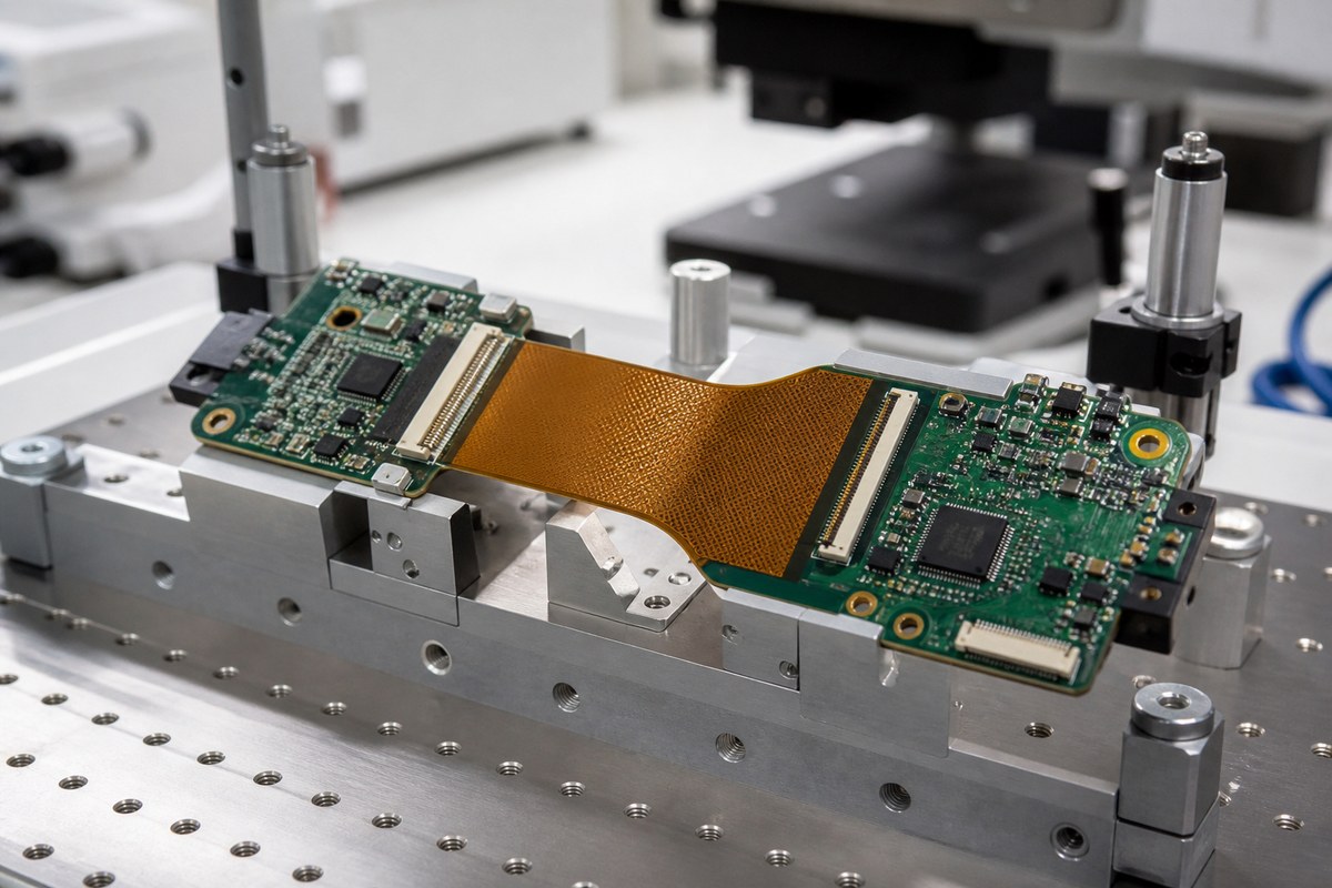 Close-up physical engineering view related to How We Control Rigid-Flex PCBs for Moving Robotics Interconnects