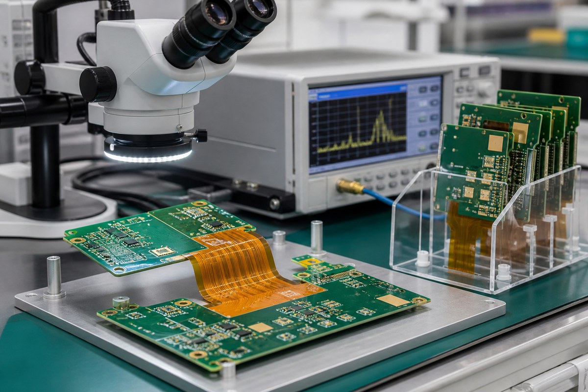 Close-up physical engineering view related to How We Review Rigid-Flex PCB Materials for Reliable Production